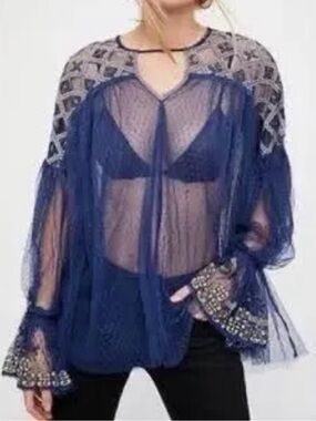 Sheer Navy Embellished Boho Blouse